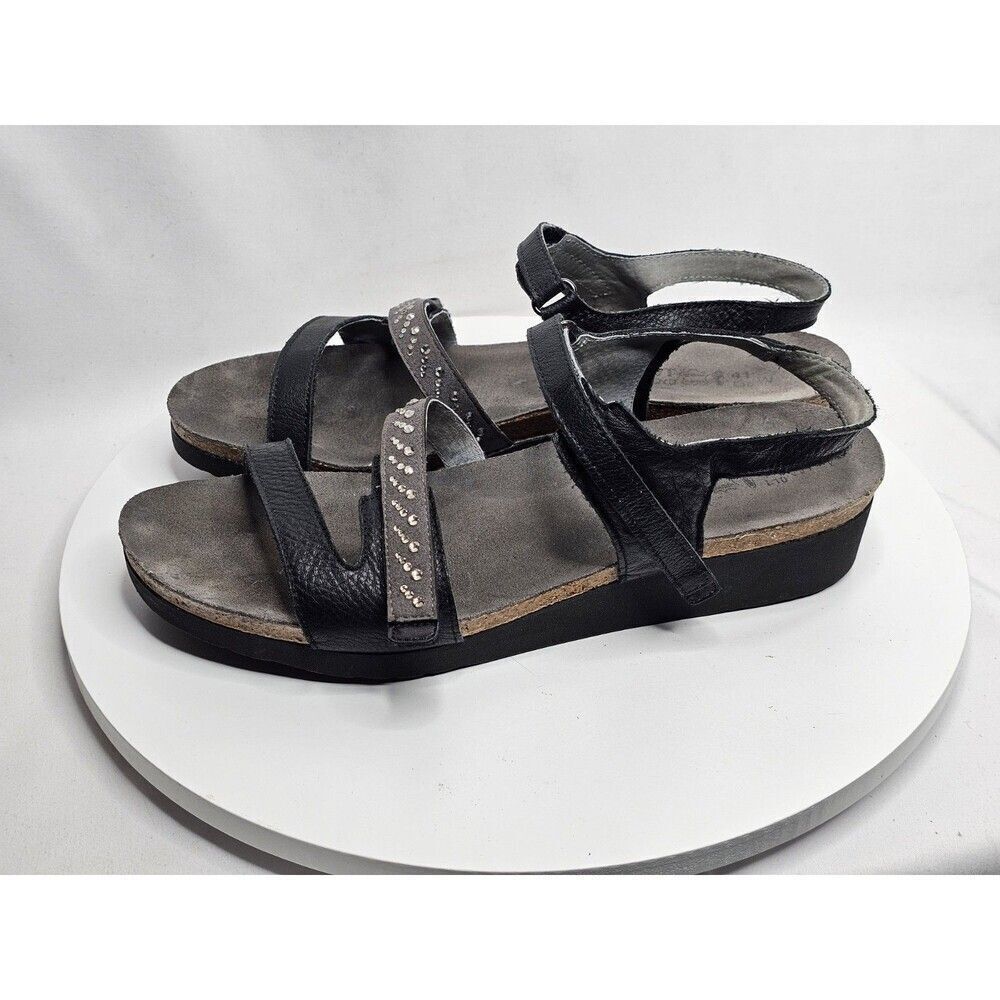 NAOT Kendall Wedge Sandals Ankle Straps Rhinestones Black Women Size EU 41/US 10